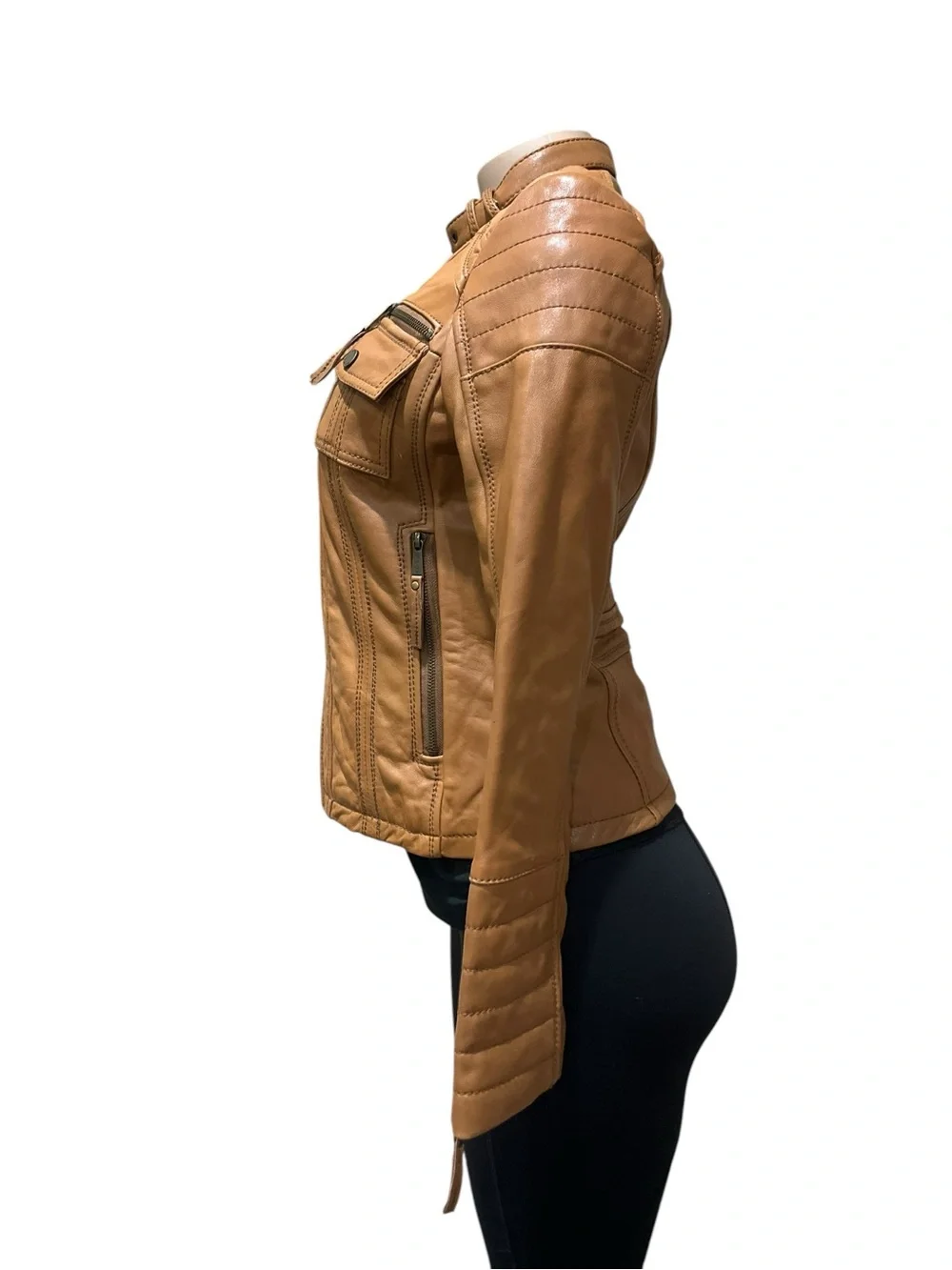 Michael Kors Cognac Leather Moto Jacket with Snap Collar